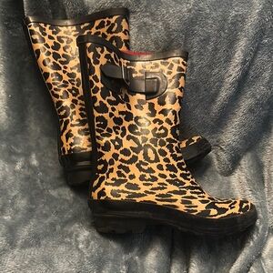 Brown and Black Winter Rain Boots with Leopard Print Design